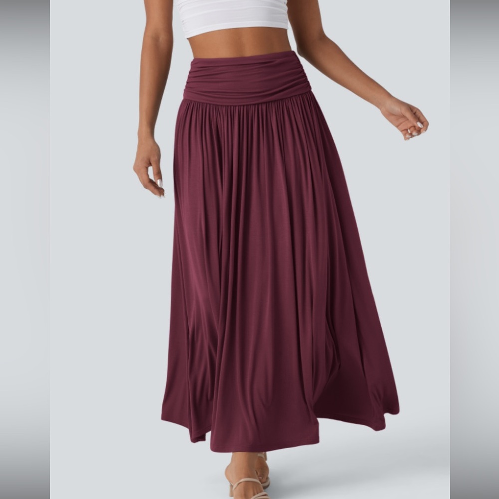Women’s High Waisted Ruched Flowy Maxi Skirt - Causal-Deep Berry